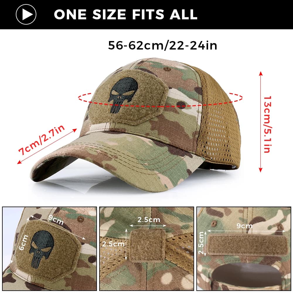 Casquette baseball camouflage crâne tactique armée velcro grid brodée protection solaire