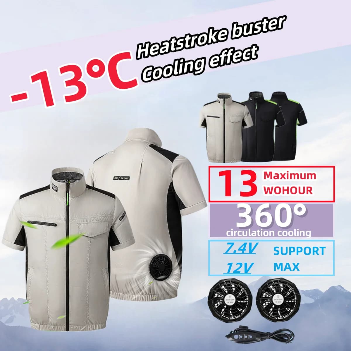 Gilet Rafraîchissant USB pour Pêche et Travail Extérieur, Ventilation 13 Heures Manches Courtes