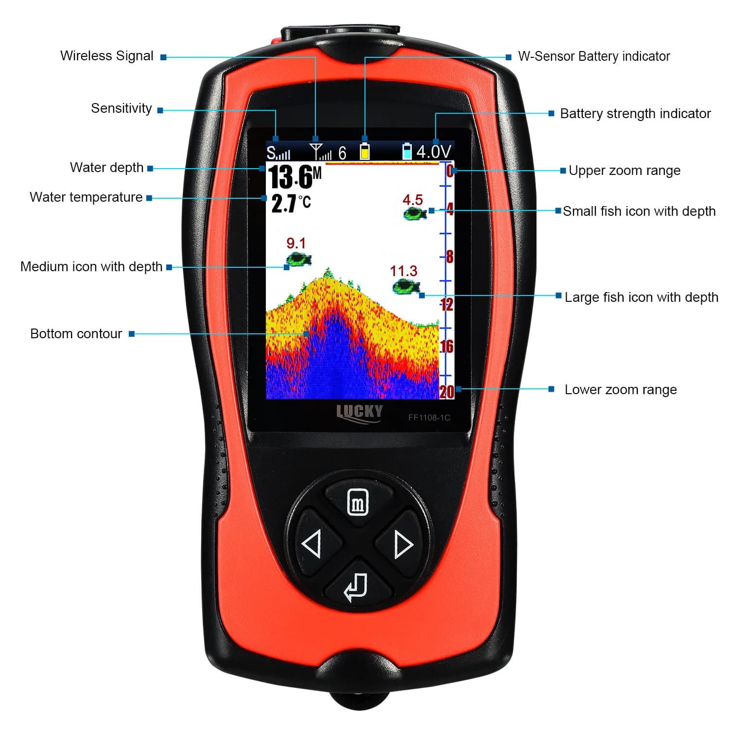 Sonar de pêche Lucky FF1108 sans fil rechargeable 45m profondeur détection poissons portable