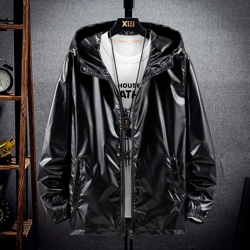 Veste bomber argentée brillante homme waterproof - Veste légère automne Harajuku coupe-vent à capuche
