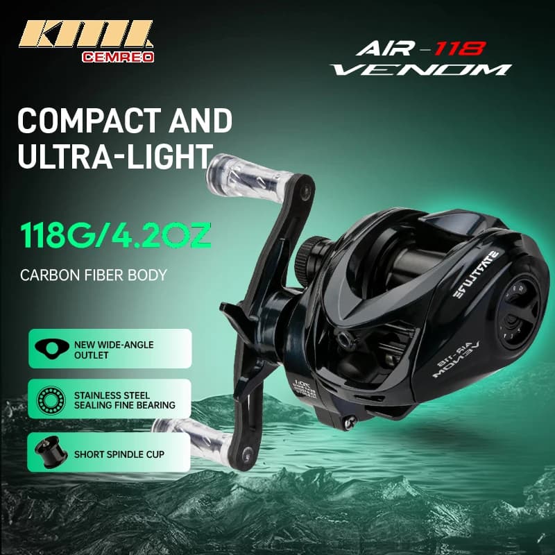 Moulinet baitcasting ultra-léger CEMREO 118g corps carbone, frein magnétique 4kg pour pêche fine des carnassiers