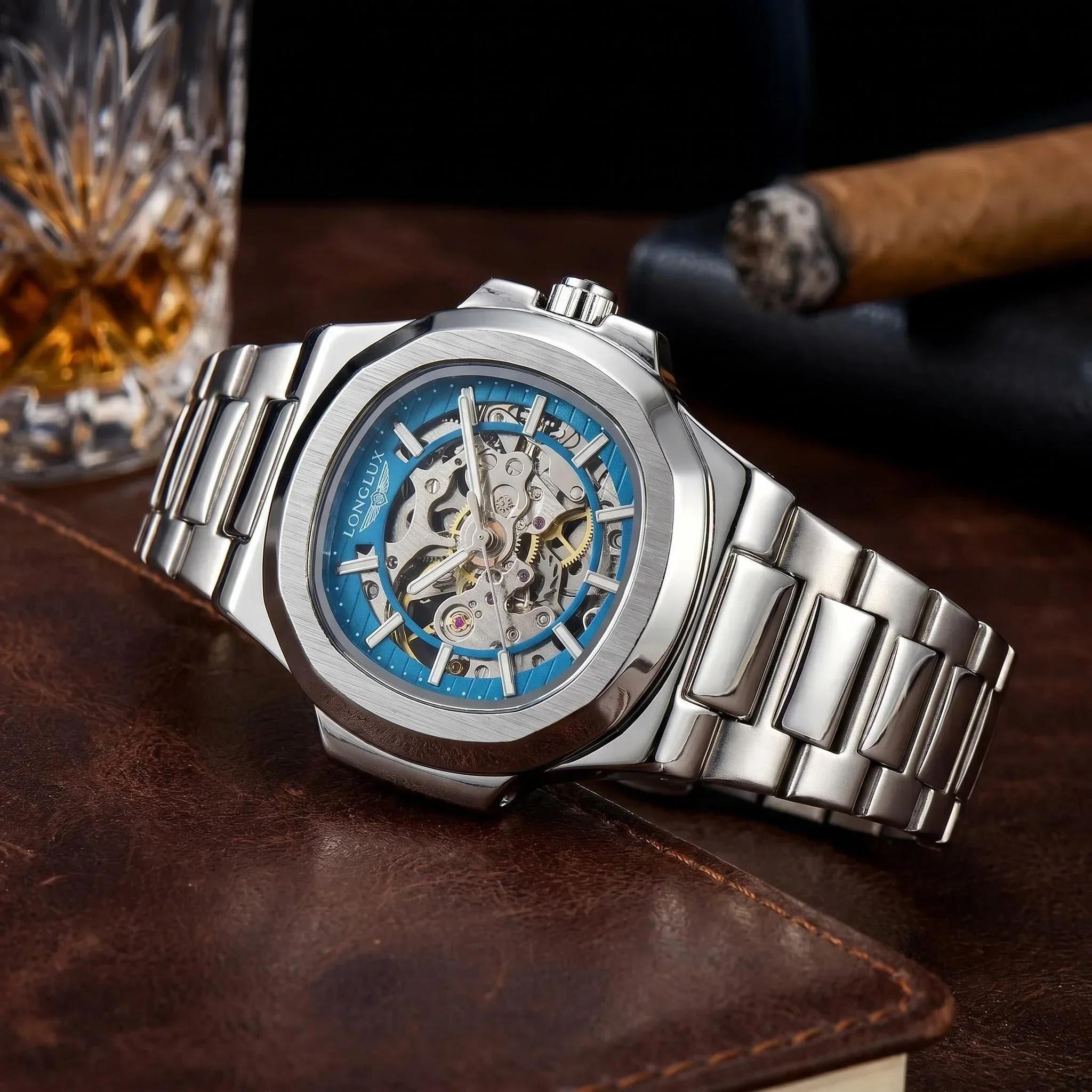 Montre automatique mécanique homme LONGLUX luxe squelette étanche acier inoxydable cadeau