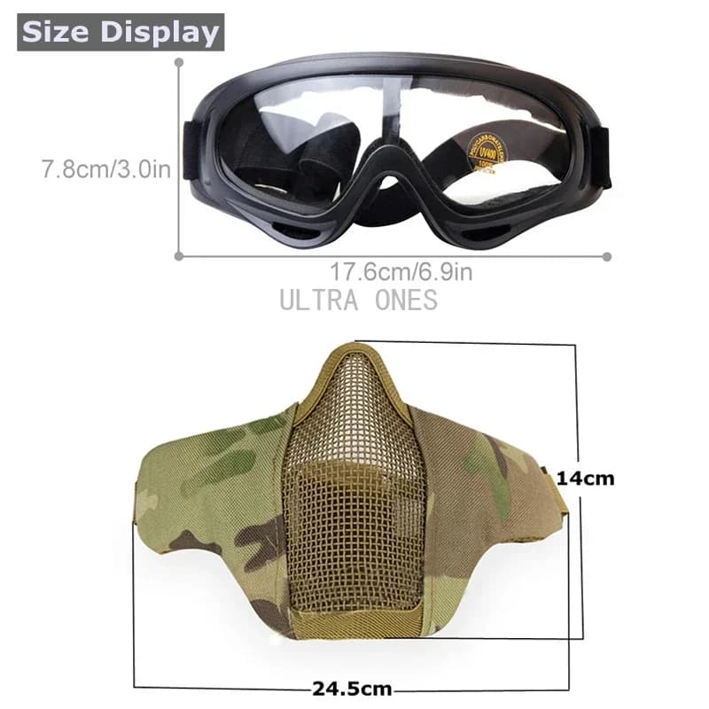 Set masque acier maille + lunettes - Airsoft Paintball jeux survie - Cosplay chasse pêche
