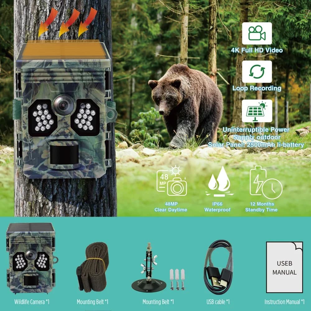 Caméra chasse numérique solaire 4K étanche IP66 - Phototrappage moderne avec détection mouvement intelligente