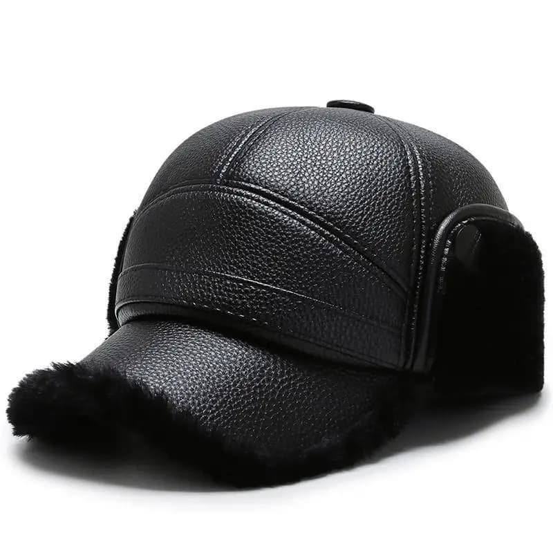 Casquette hiver pêche cuir doublure polaire - Protection oreilles vent - Ski pêche froide
