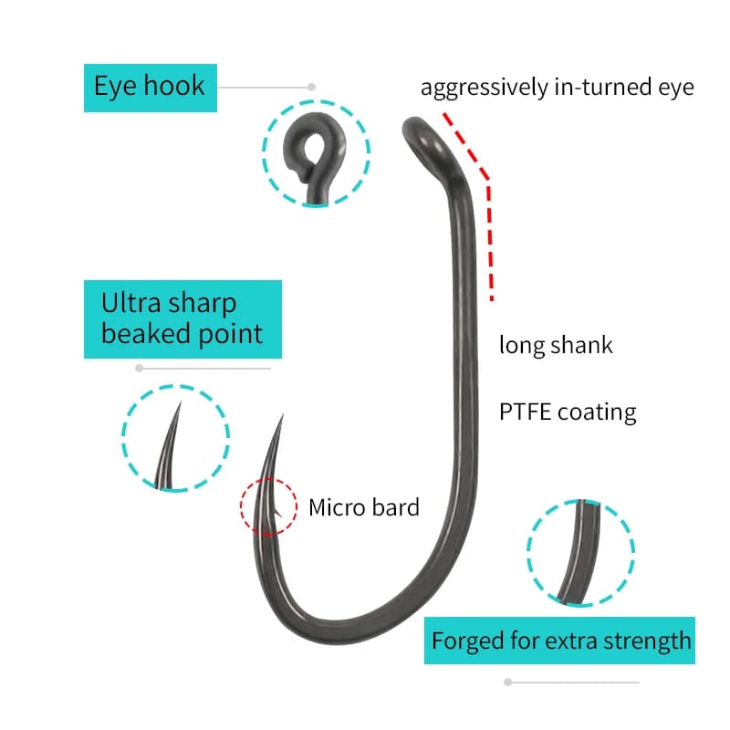 10 hameçons carpe longue tige micro-barbelés taille 2 4 6 8, pointe bec ultra-affûtée revêtement PTFE