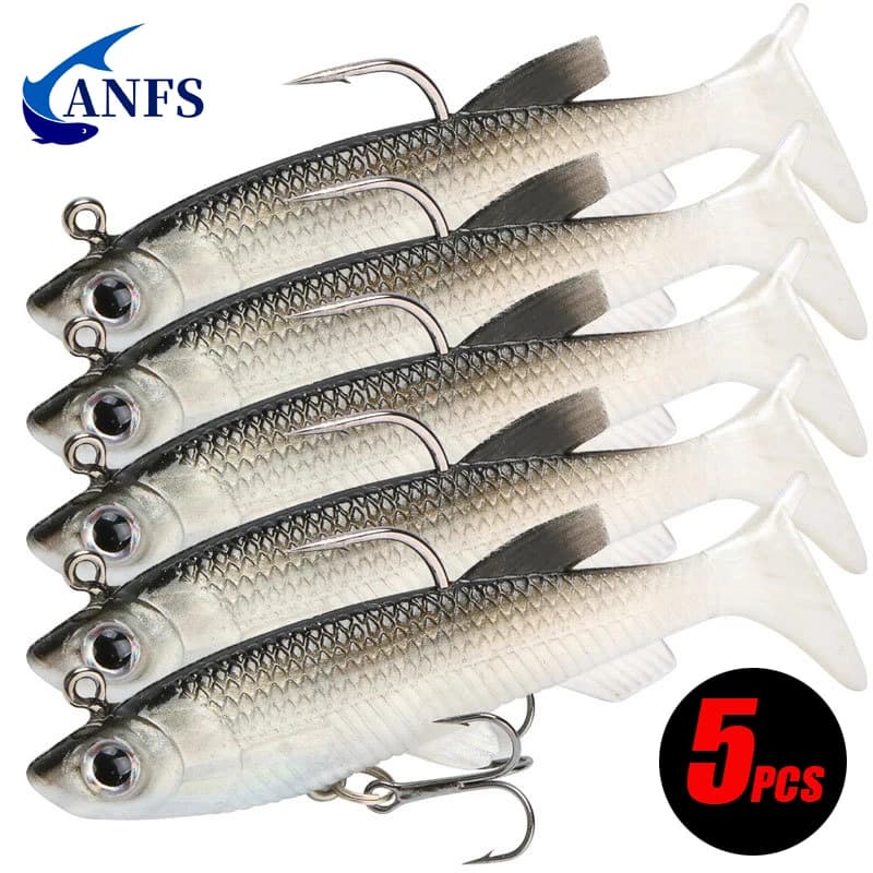 Kit de 5 leurres souples pêche 8cm avec hameçons, appâts artificiels pour carnassiers