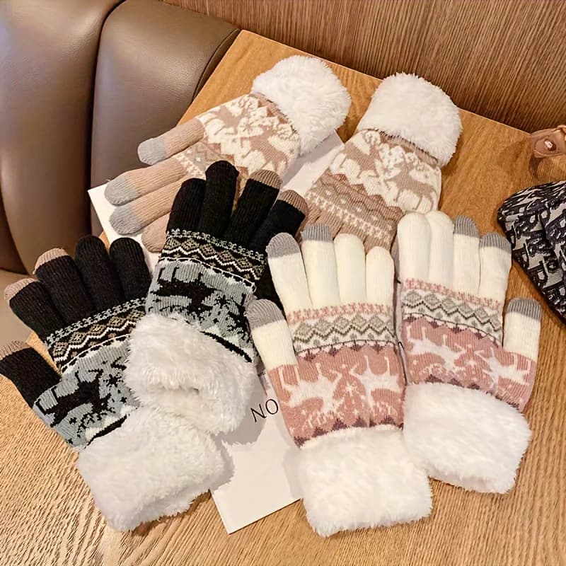 Gants de pêche en laine jacquard renne Noël, doublure polaire épaisse pour hiver froid et écran tactile