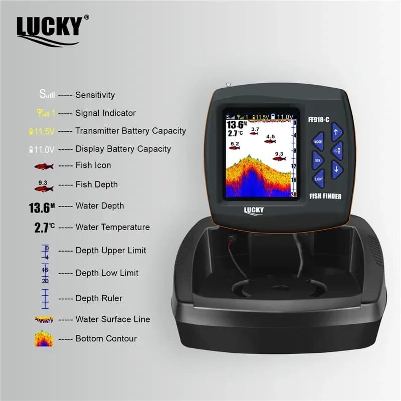 Bateau appât télécommandé Lucky FF918-CWL avec sondeur poissons 3.5" LCD portée 300m profondeur 100m