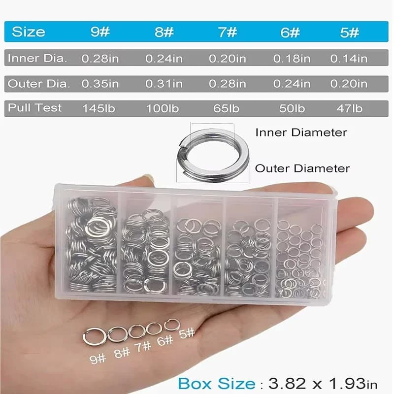 Lot de 200 à 250 anneaux split pêche inox haute résistance pour leurres et boîte à matériel