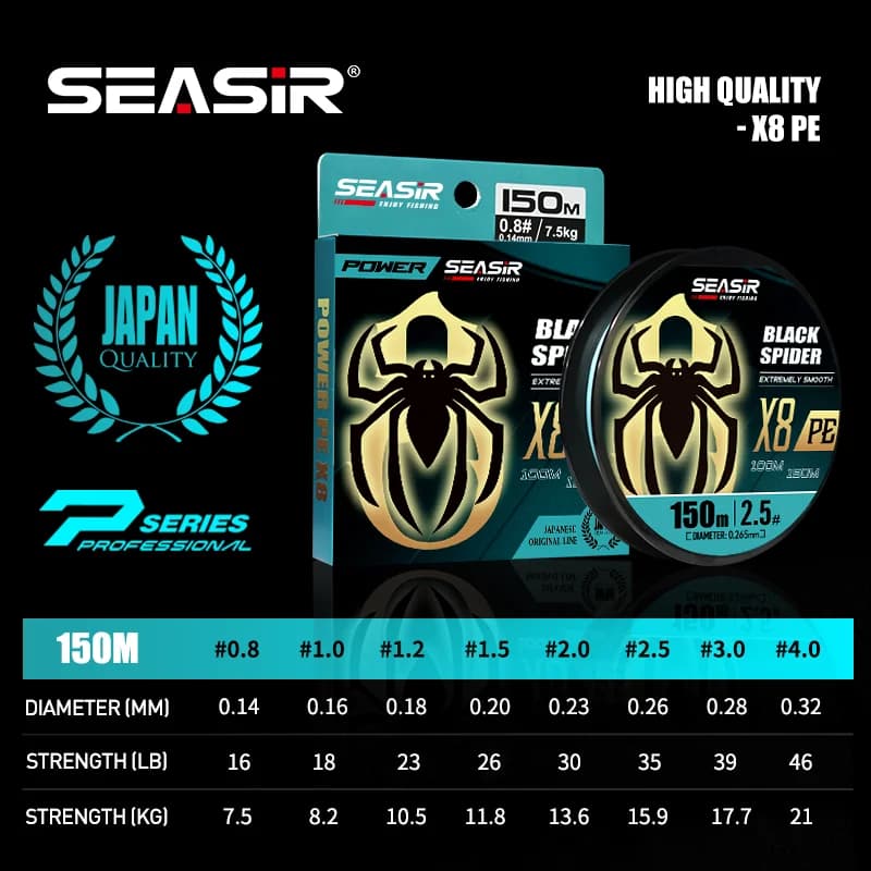 SEASIR P-Series Black Spider PE Line 8 - Ligne tressée 150m 16-46Lb - Multifilament haute résistance améliorée