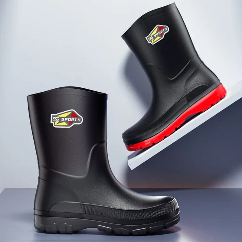 Bottes de pêche mi-mollet homme noir pur - Chaussures imperméables antidérapantes tailles 30-48 écologiques
