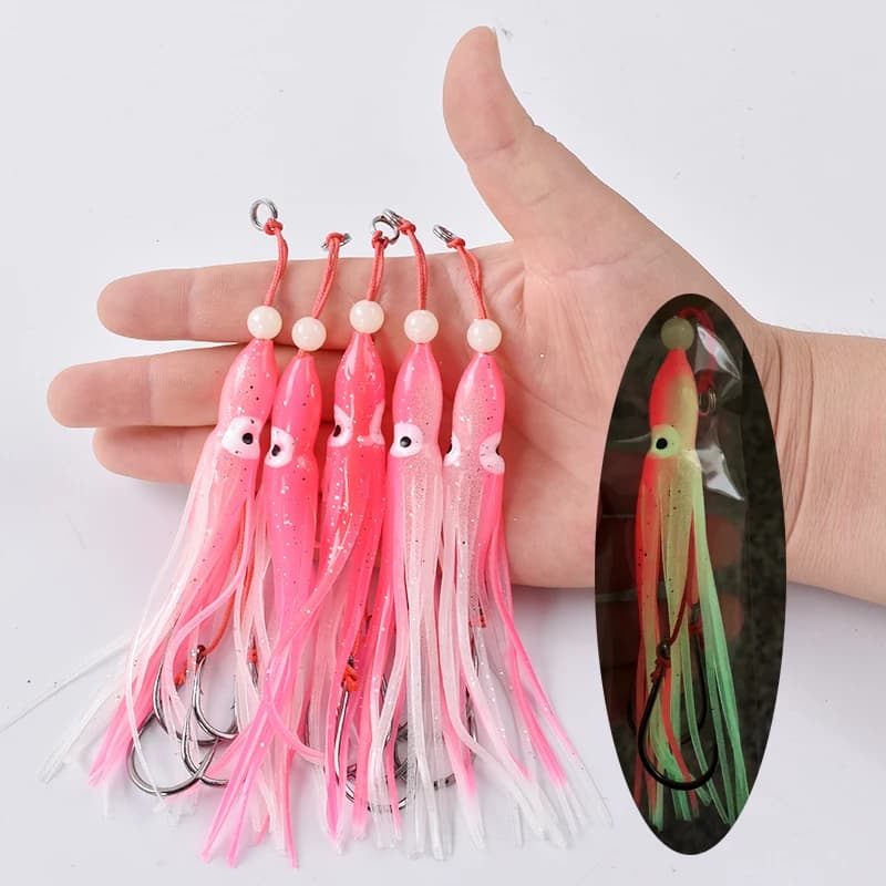 5 calamars souples 12cm avec jupes silicone et hameçons doubles assist - Pêche mer