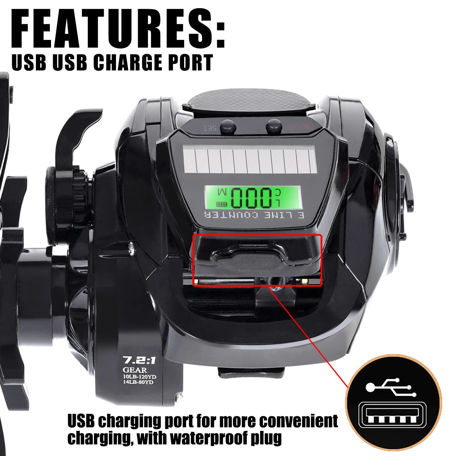 Moulinet de pêche casting électronique SAMOLLA écran LED recharge USB/solaire 7.2:1 étanche eau salée