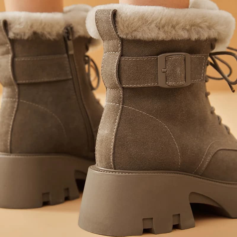 Bottes hiver cuir daim femmes semelle épaisse zip latéral fourrure chaude plateforme pêche artisanales