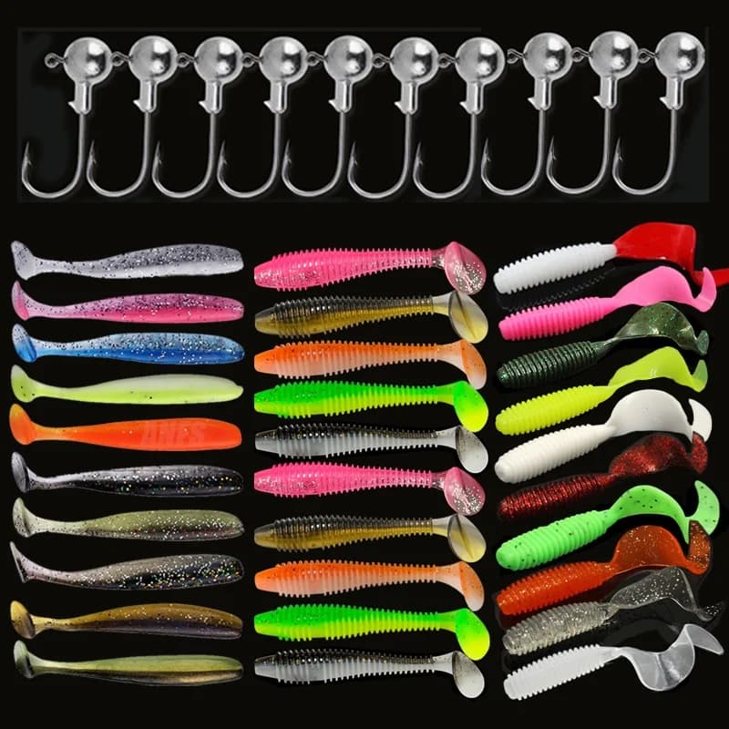 Kit 10-30 leurres souples silicone avec hameçons - Ensemble pêche vers artificiels et crankbaits