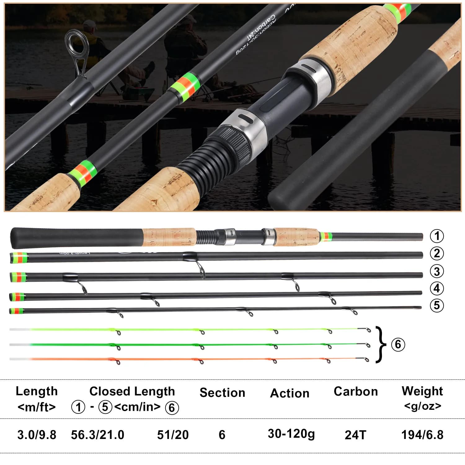 Canne feeder Sougayilang 3m carbone manche liège - Canne pêche carpe 30-120g puissance L M H France