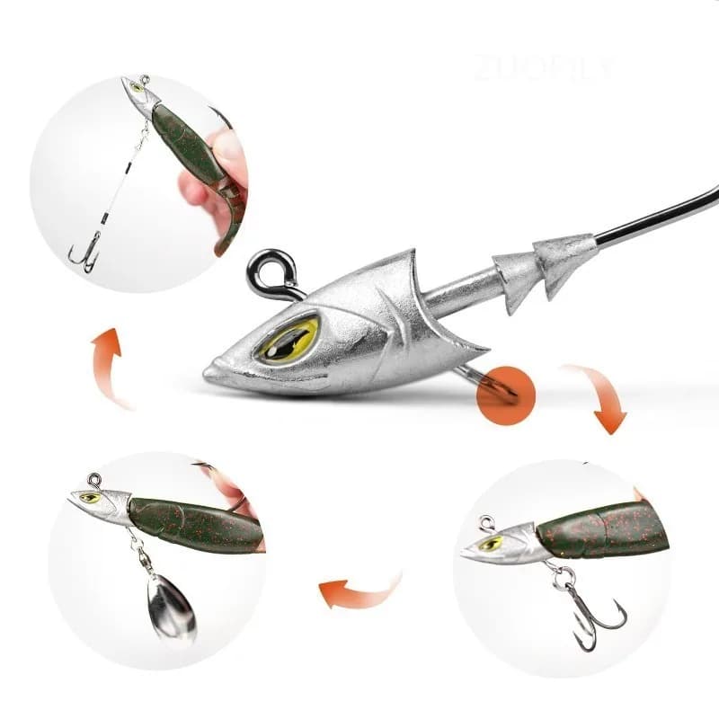 5 hameçons plombés mer avec tête de poisson simulée 14g 21g 28g 42g pour bar dorade