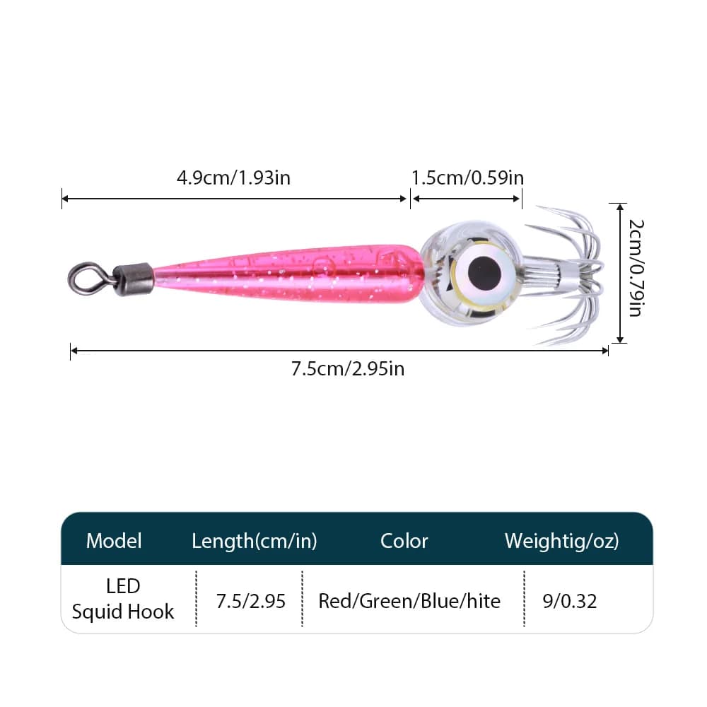 Hameçon calmar lumineux LED avec accessoires parapluie pour pêche mer octopus flash sous-marin