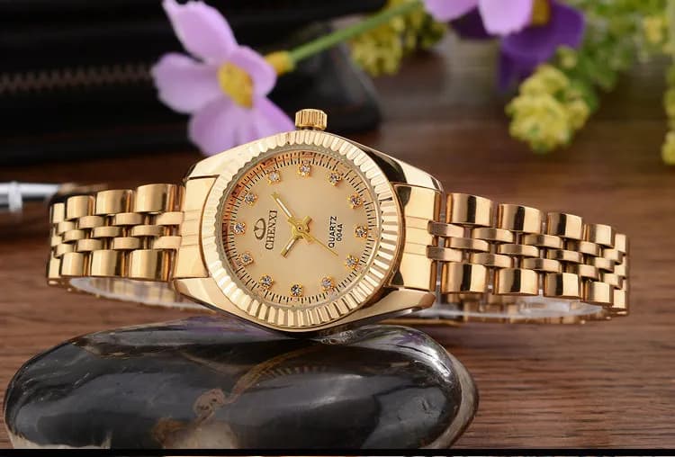 Montre luxe femme dorée à strass CHENXI - Horloge quartz étanche bracelet habillé cristaux précieux