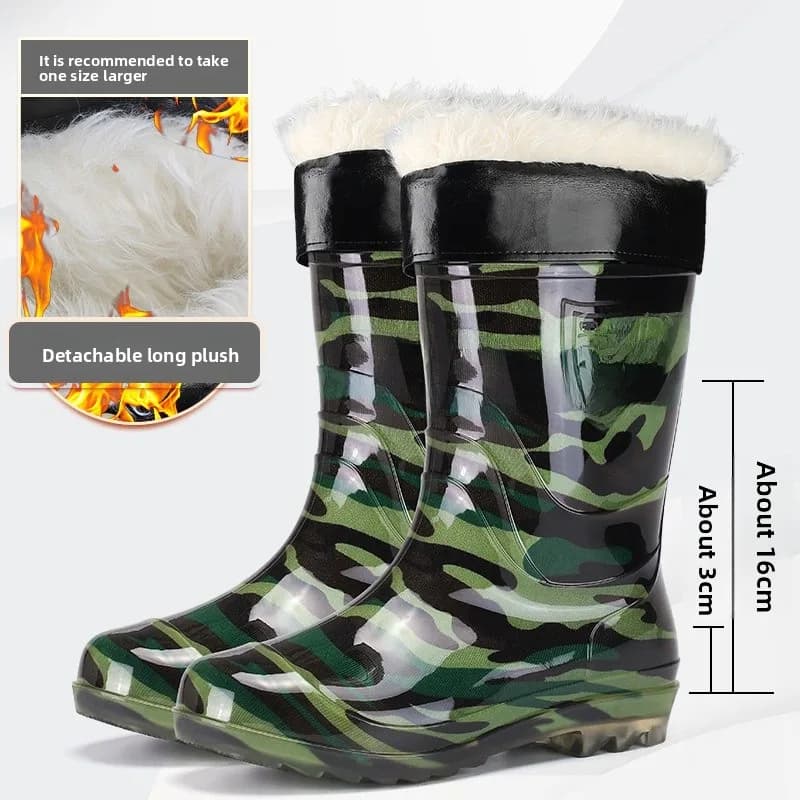 Bottes de pluie camouflage mi-mollet homme - Chaussures travail extérieur antidérapantes chaudes