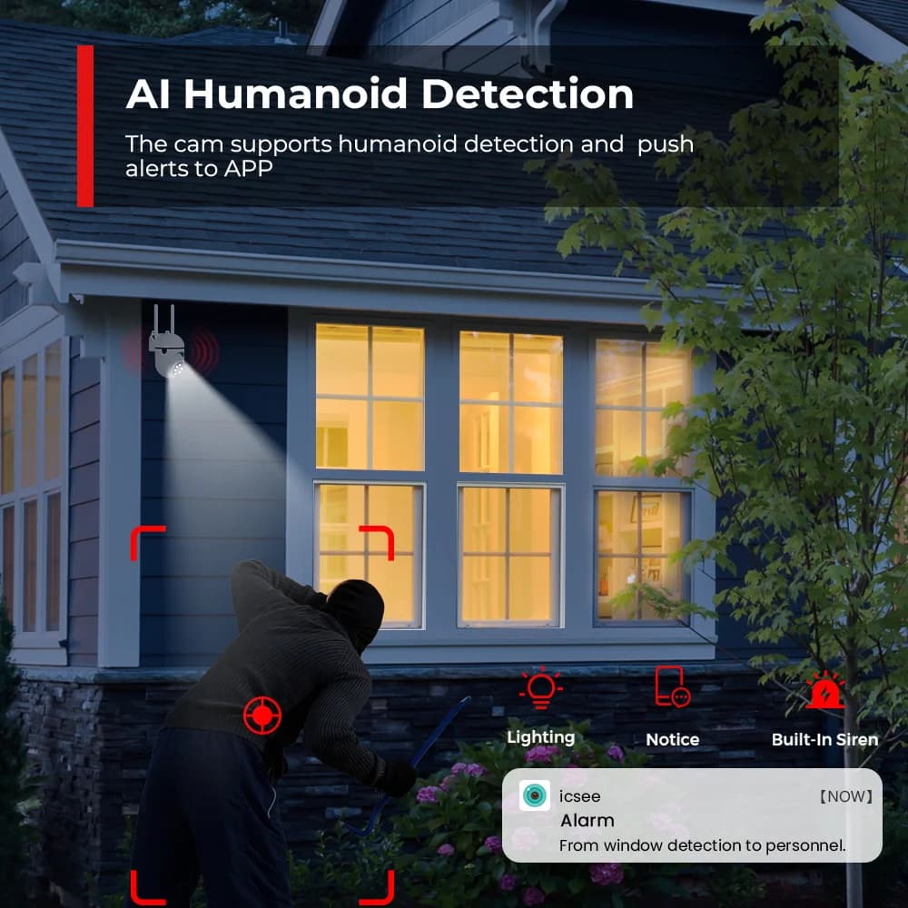 Caméra surveillance wifi PTZ 4MP 2K auto tracking vision nuit détection humaine enregistrement 24/7 ICSEE