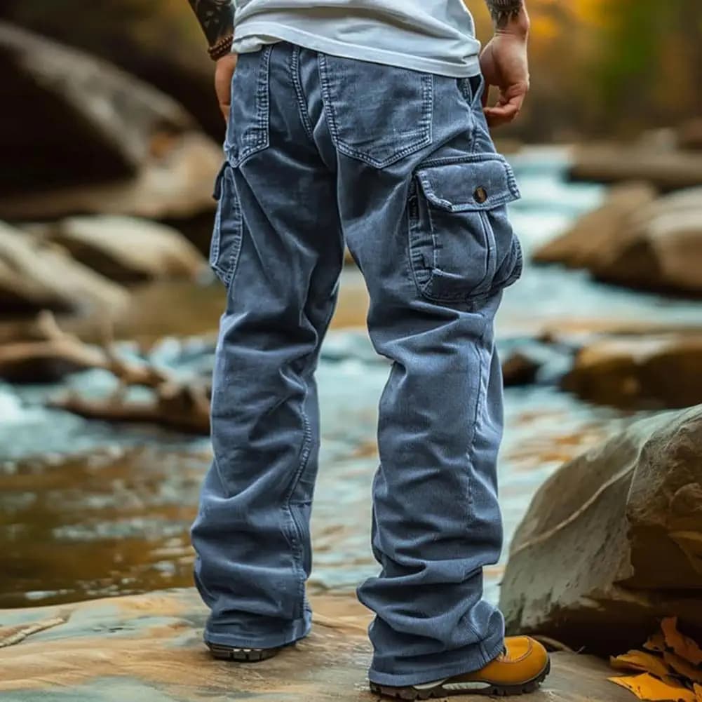 Pantalon velours côtelé cargo homme style rétro multi-poches pour pêche décontractée