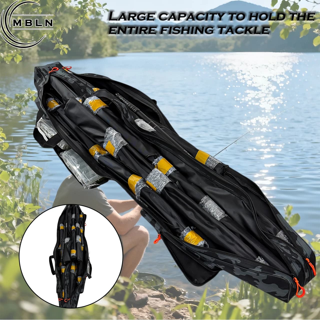 Sac pêche MBLN double couche pliable grande capacité 1.5m, sac à dos canne multi-fonctions rangement