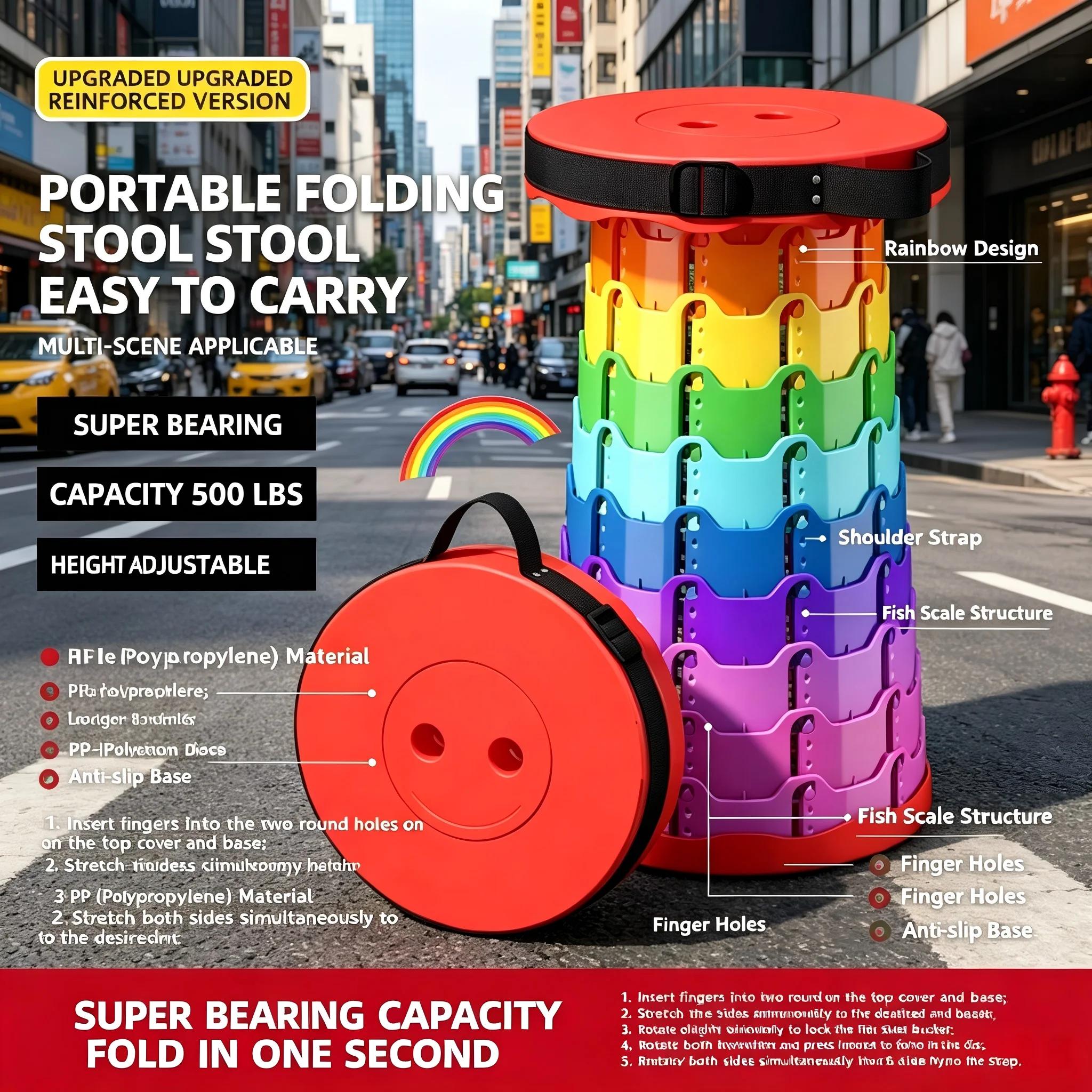 Tabouret pliant télescopique réglable pêche voyage - Siège de rangement plastique arc-en-ciel extérieur