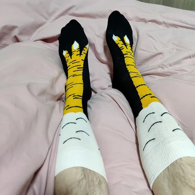 Chaussettes drôles homme pattes de poule jaunes 3D couple école freak longues
