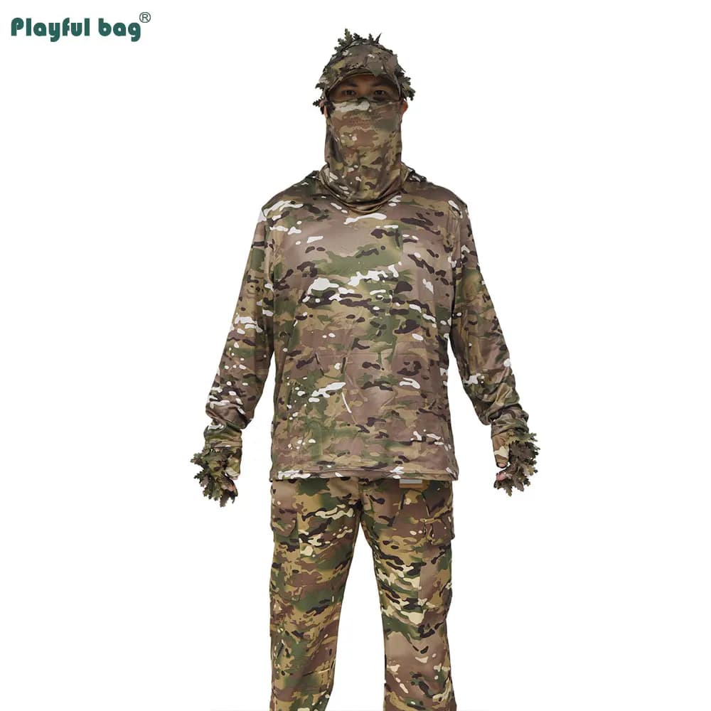 Set camouflage pêche Outdoor CP : casquette feuilles, gants tactiques, manches soie glacée, masque demi-visage