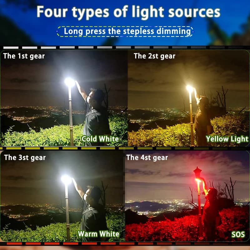Lampe torche LED 80W solaire rechargeable aimant zoom puissante pour tente camping pêche nuit travail éclairage