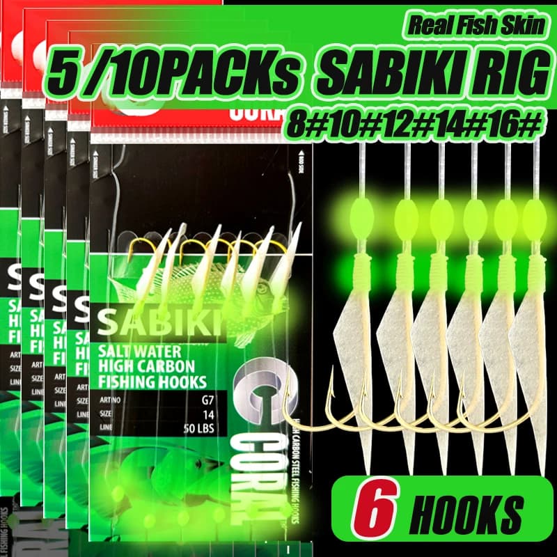 TAKBAS 5 à 10 Packs de Sabiki Rigs avec Perles Fluorescentes et Hooks Haute Résistance pour