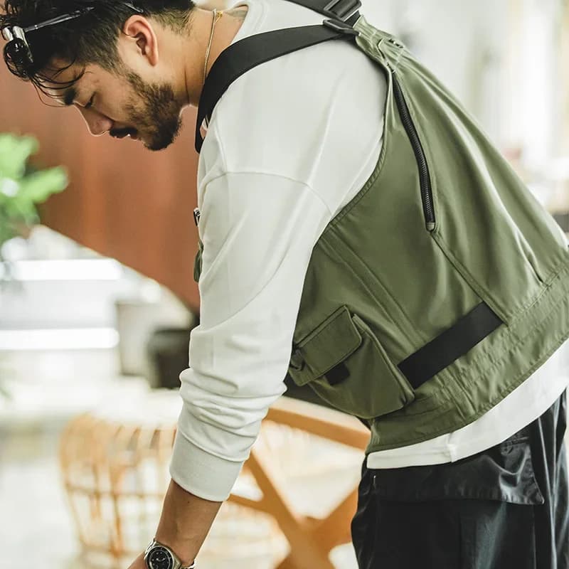 Veste tactique multi-poches pour hommes avec sac - Gilet photo rétro japonais à larges bretelles fonctionnel