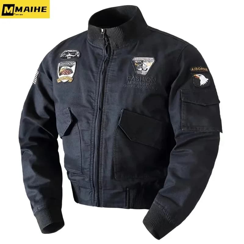 Bomber rétro homme automne printemps broderie avion pilote cargo col stand tactique