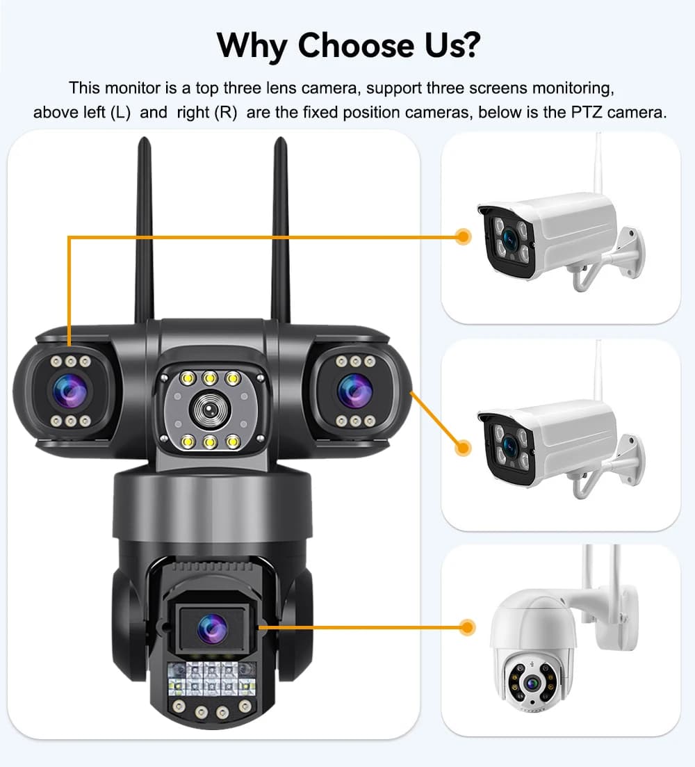 Caméra IP WiFi extérieure V380 Pro 12MP 6K triple objectif - Vision nocturne étanche surveillance complète