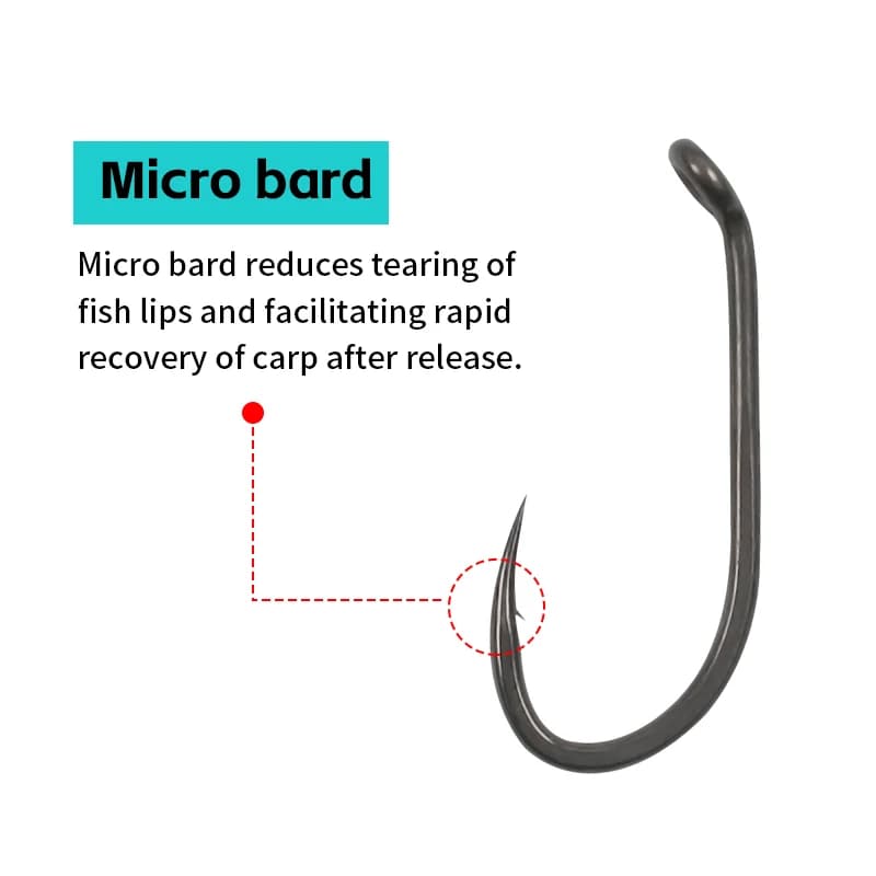 10 hameçons carpe longue tige micro-barbelés taille 2 4 6 8, pointe bec ultra-affûtée revêtement PTFE
