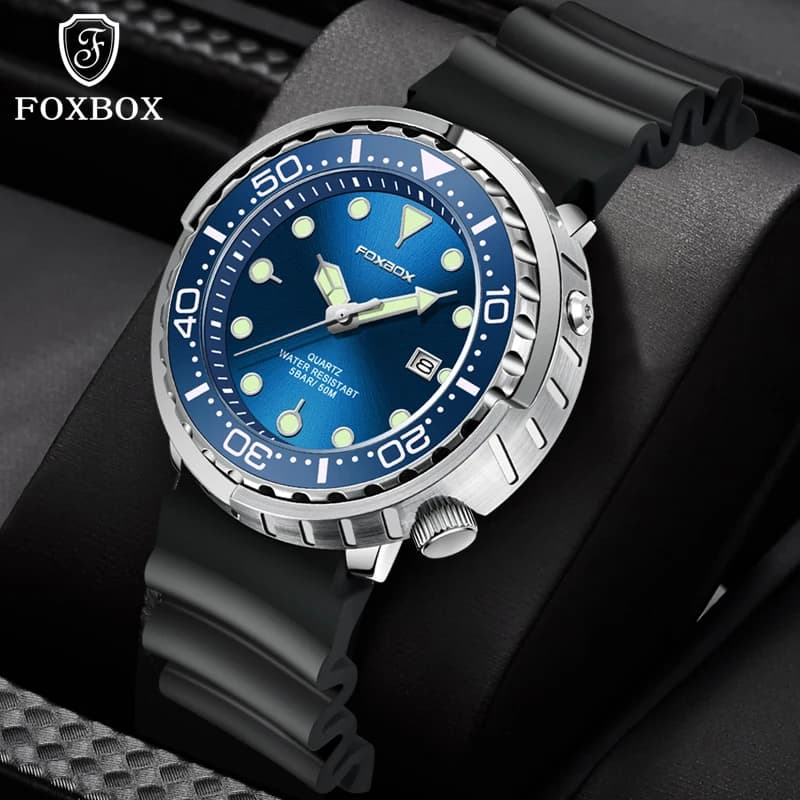 Montre plongeur homme étanche 50ATM FOXBOX LIGE, montre sport quartz avec bracelet silicone et affichage numérique