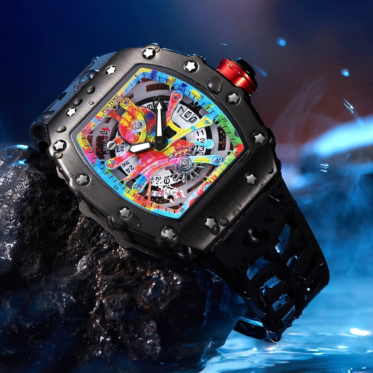 Montre homme luxe quartz étanche PINTIME cadran graffiti tonneau pour sport et pêche plaisance