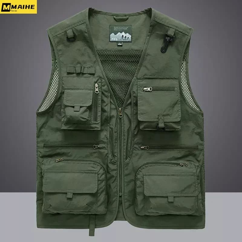 Veste sans manches pêche et randonnée été homme 14 poches mesh cargo tactique