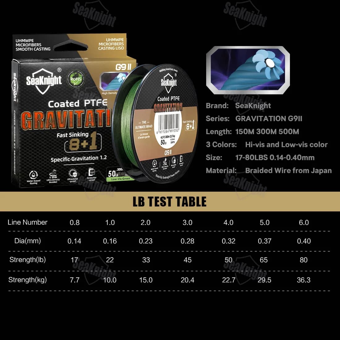 Ligne coulante SeaKnight Gravitation G9 II 300m/150m PTFE tressée étanche anti-UV mer