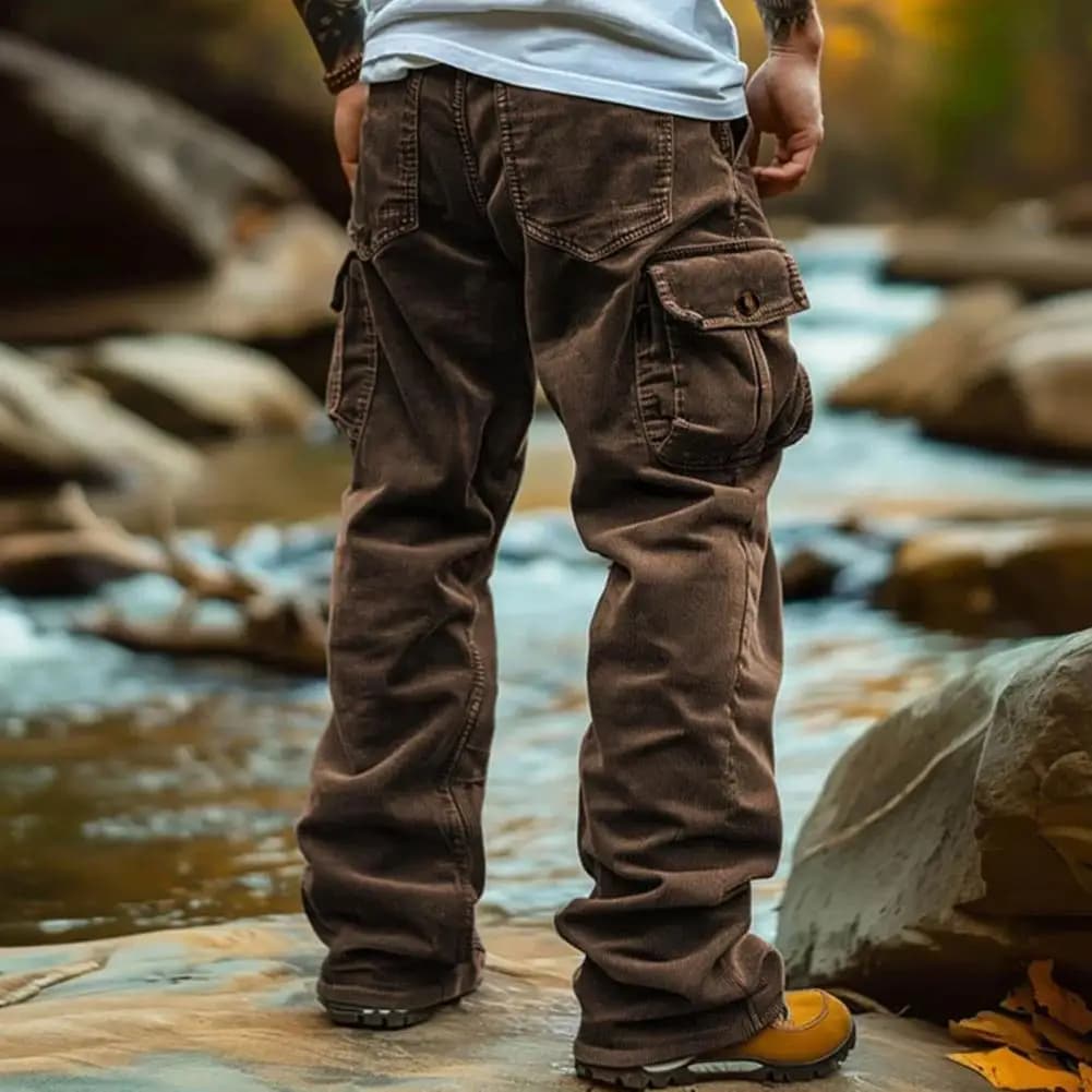 Pantalon cargo velours côtés rétro multi-poches pêche mi-montant homme classique