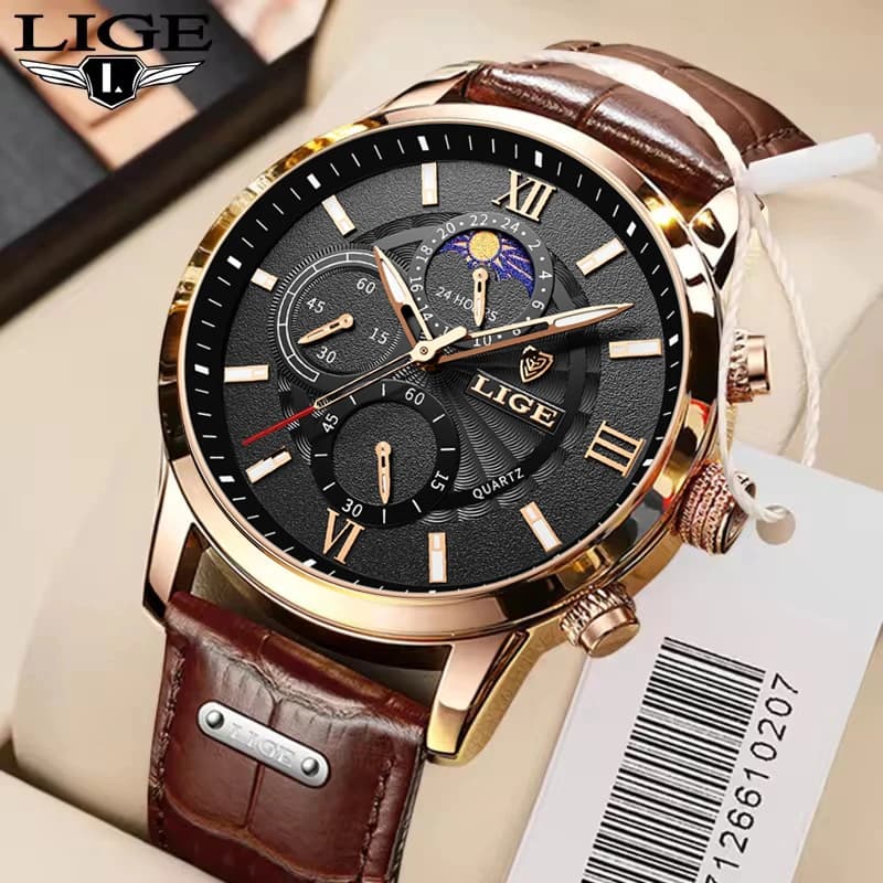 Montre homme luxe LIGE bracelet cuir quartz étanche montre sport élégante relogio masculino cadeau homme