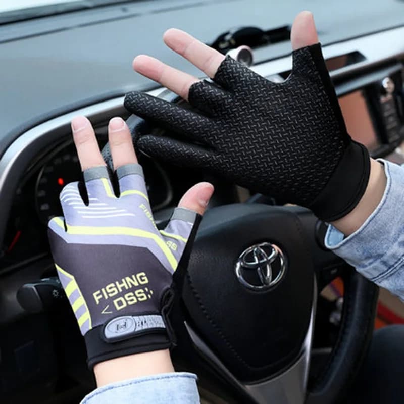 Gants de pêche homme été 3 doigts coupés protection solaire anti-dérapage conduite vélo respirants fins