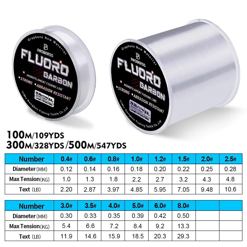 FluoroCarbone Haute Résistance à l'Abrasion 500M 300M 100M Ligne de Pêche Monofilament Anti-Curl Revêtement Fibre de Carbone