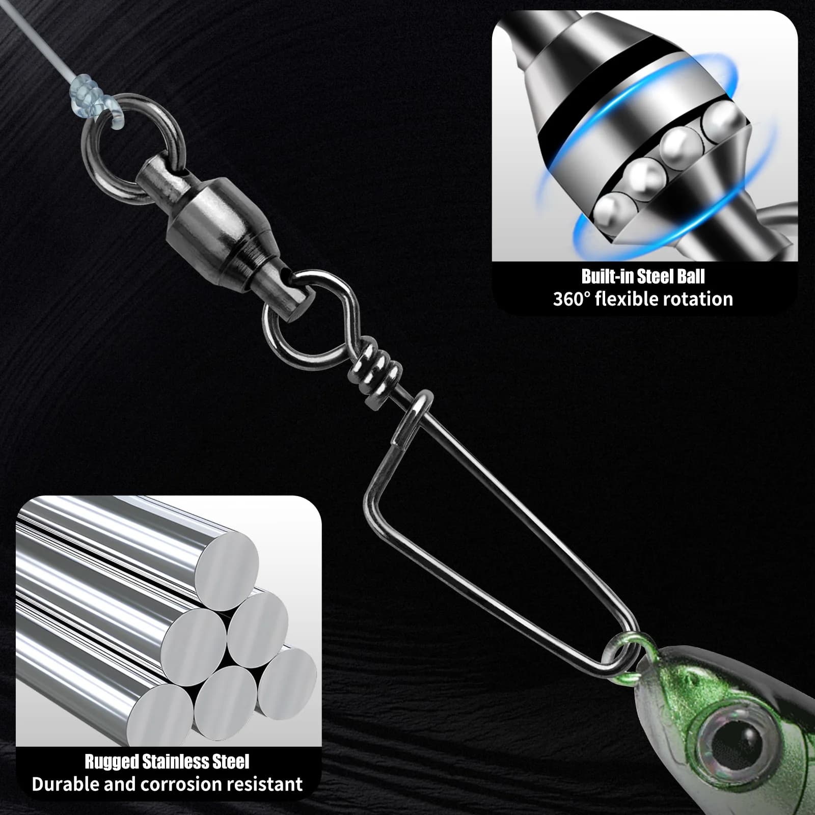 FishTrip mousquetons à roulement à billes pêche résistants à la corrosion avec revêtement nickel noir