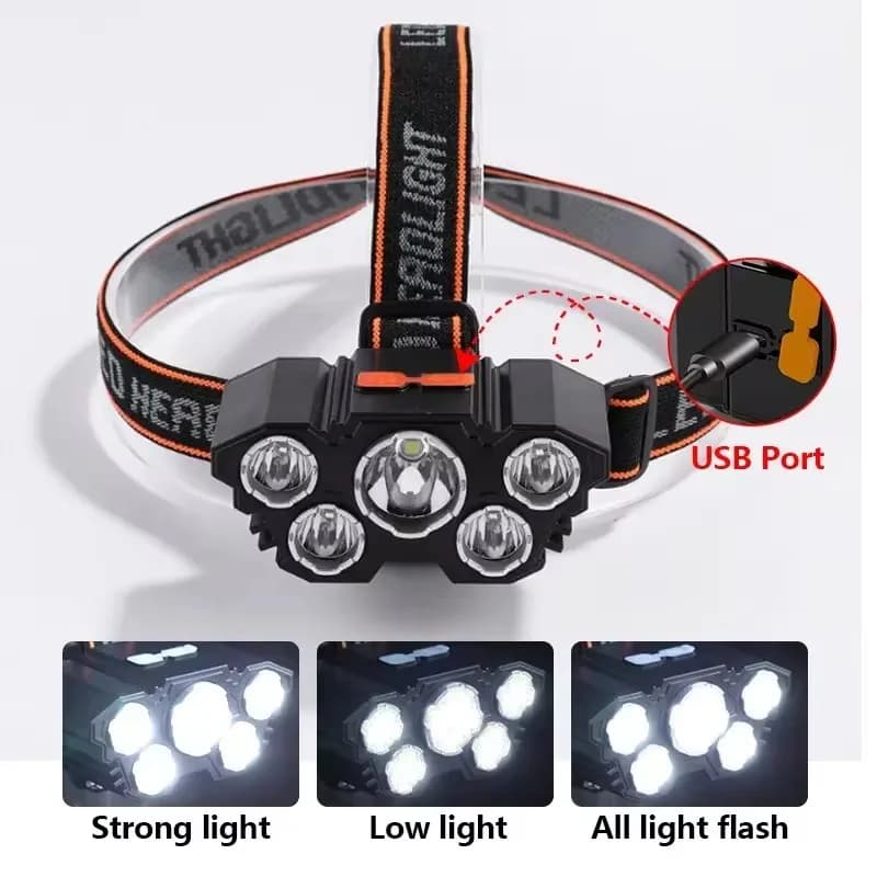 Lampe frontale rechargeable 5 LED avec batterie intégrée pour pêche aventure et camping