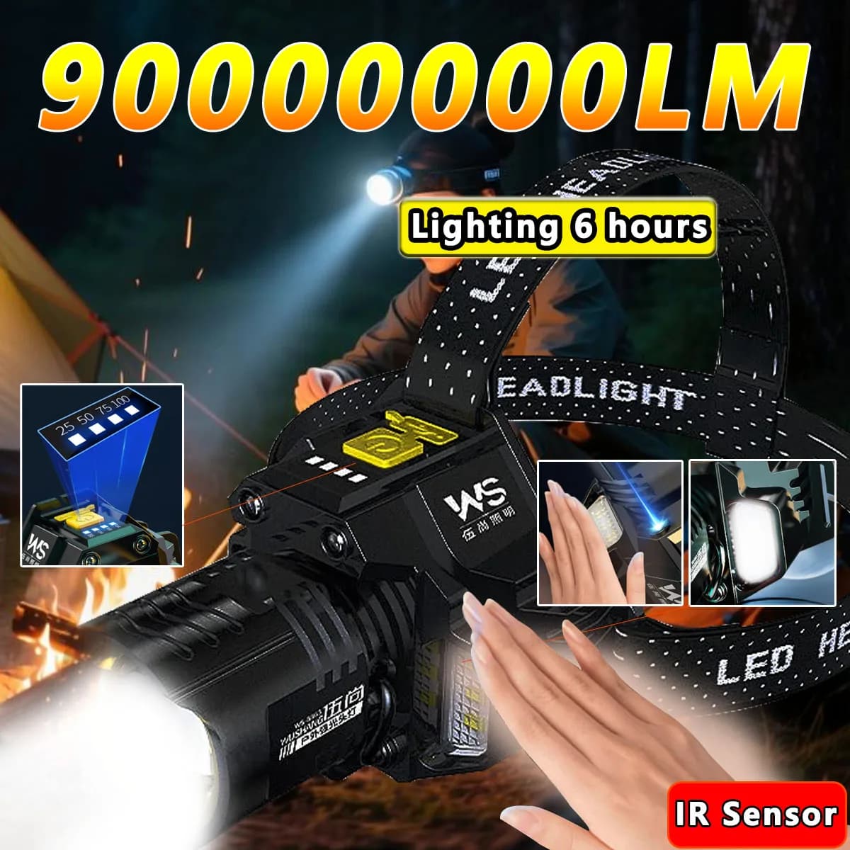 Lampe frontale LED COB puissante rechargeable détecteur mouvement haute luminosité pêche