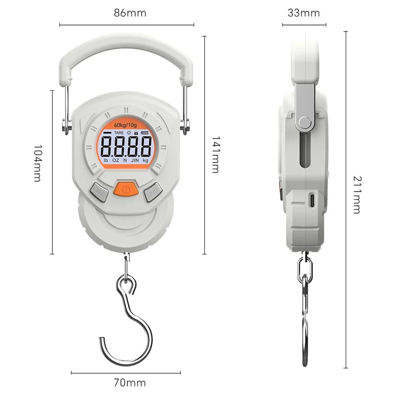 Balance digitale LCD portable 60kg précision 10g pour bagages et pesée poissons avec crochet suspendu