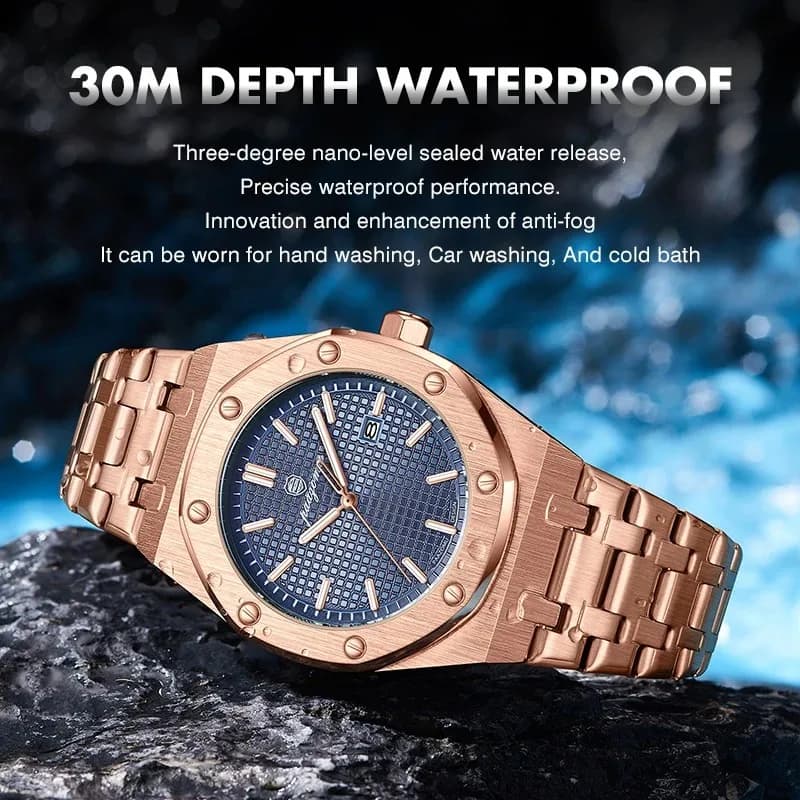 Montre homme quartz luxe dorée étanche lumineuse affichage date acier inoxydable élégante professionnelle